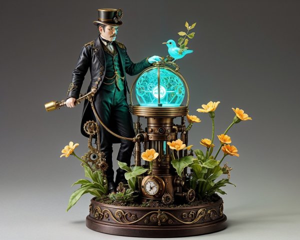 Steampunk Sculpture of a Gentleman and Blue Bird