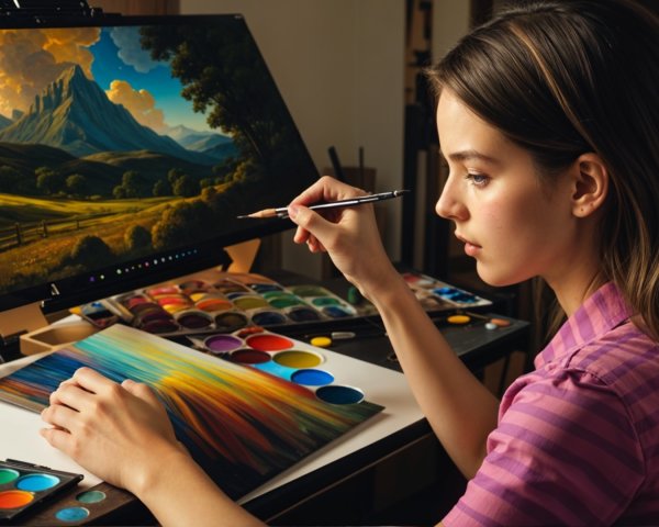 Young woman painting at organized art desk with screen