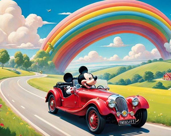 Vibrant Scene of a Cartoon Mouse in a Convertible