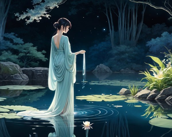Moonlit Scene of Woman by Tranquil Pond