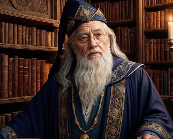 Elderly Wizard in Grand Library Surrounded by Books