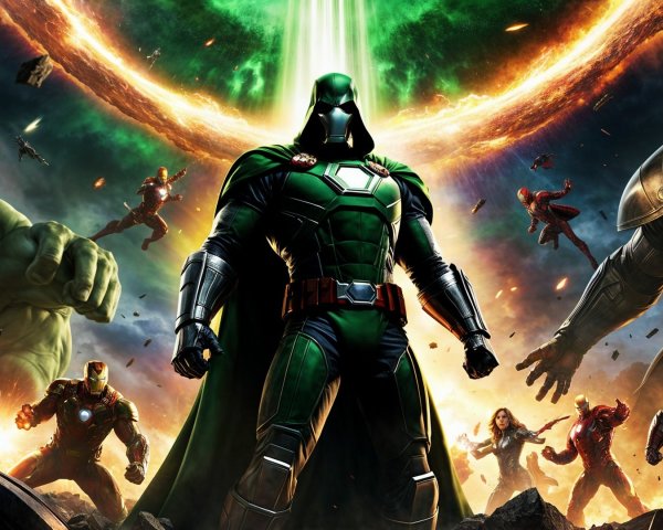 Superhero Battle with Green-Suited Central Figure