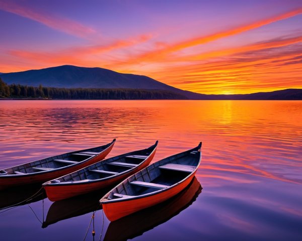 Serene sunset over lake with wooden boats and mountains