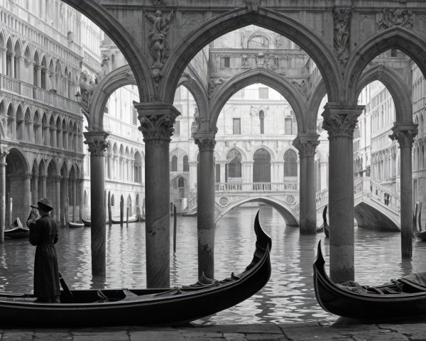 Black-and-white depiction of a Venetian canal scene