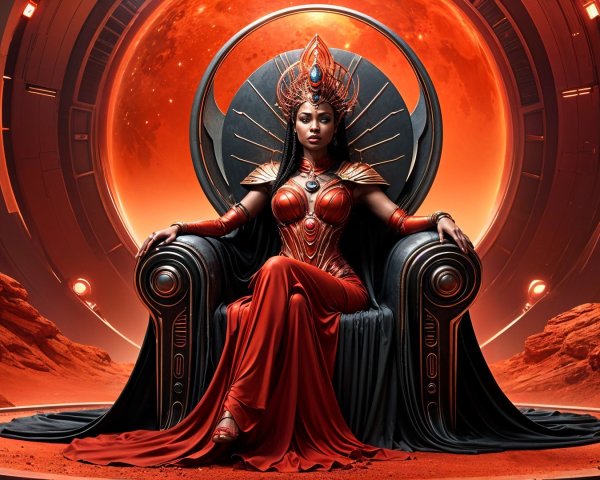Majestic figure on throne with cosmic backdrop