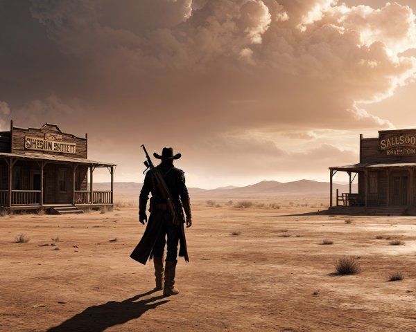 Deserted Western Town with Cowboy Figure and Buildings