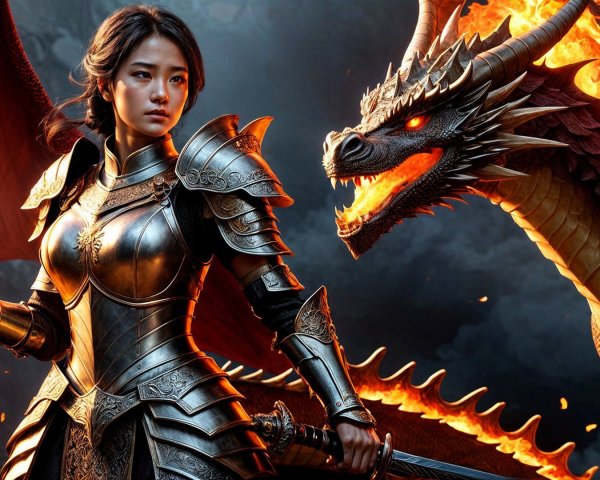Fierce Female Warrior with Dragon in Dramatic Scene