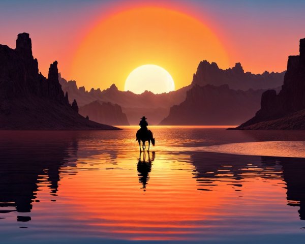 Cowboy and Horse by Tranquil Lake at Sunset