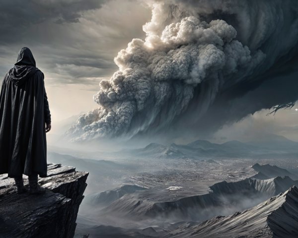 Figure in Cloak Overlooking Dramatic Landscape and City