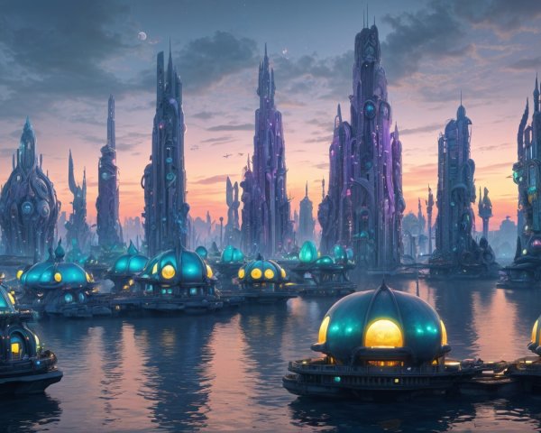 Futuristic cityscape with spires and tranquil waterway