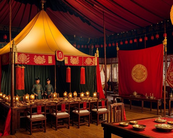 Opulent palace tent with guards and elegant decor