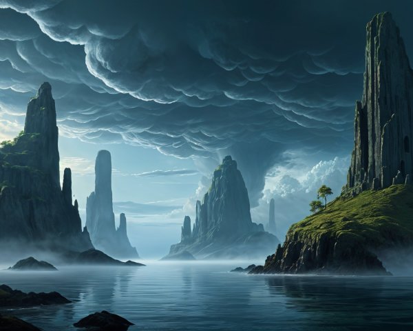 Dramatic Landscape with Rocky Formations and Water