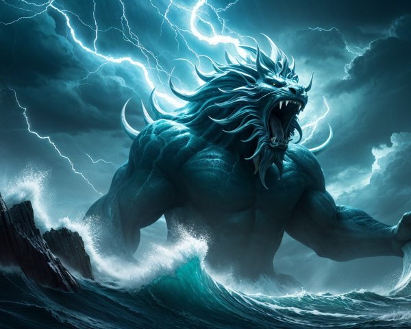 Mythical Lion-Headed Giant Over Stormy Ocean Waves