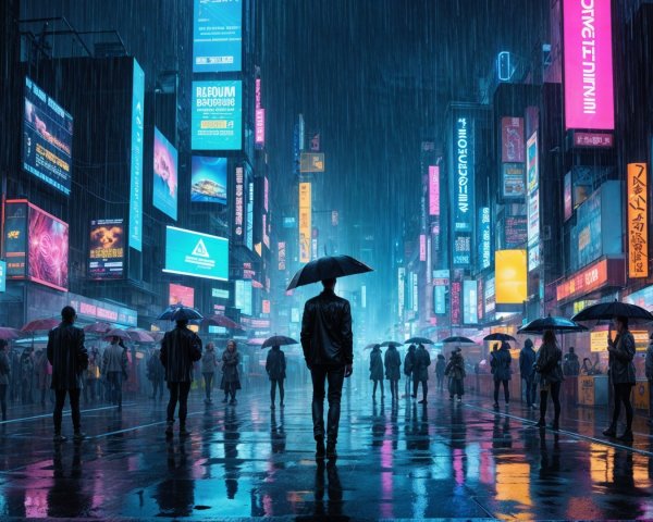 Neon-Lit Cityscape with Umbrella-Clad Figures