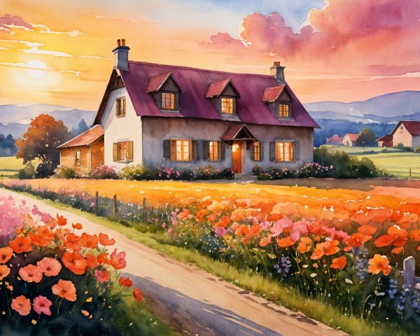 Charming Cottage in Picturesque Countryside at Sunset