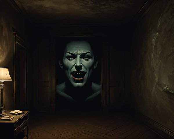 Vintage Lamp and Eerie Portrait in Dimly Lit Room