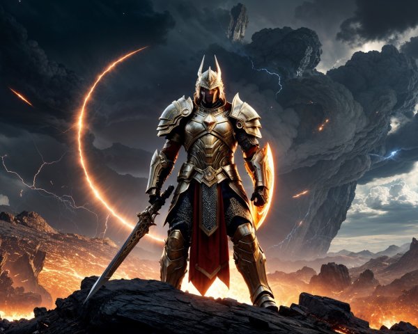 Knight in Golden Armor on Rocky Terrain with Lava