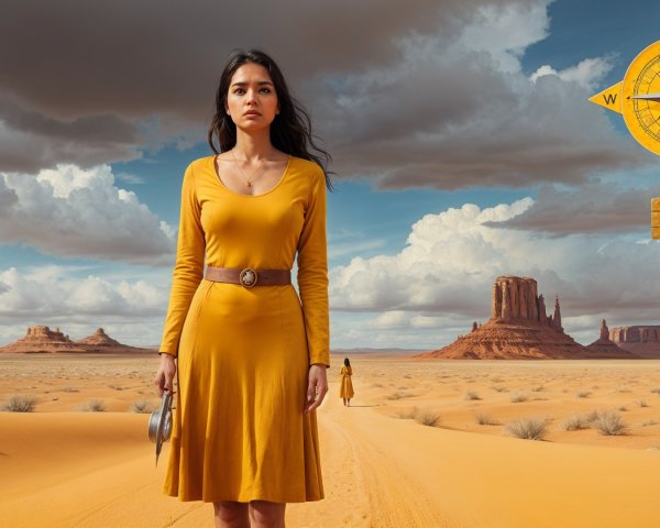 Woman in Yellow Dress in Desert Landscape with Compass