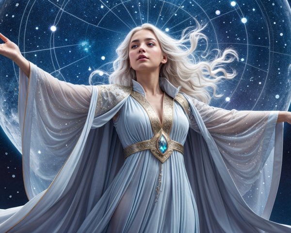 Celestial Figure in Silver-Blue Gown Against Night Sky
