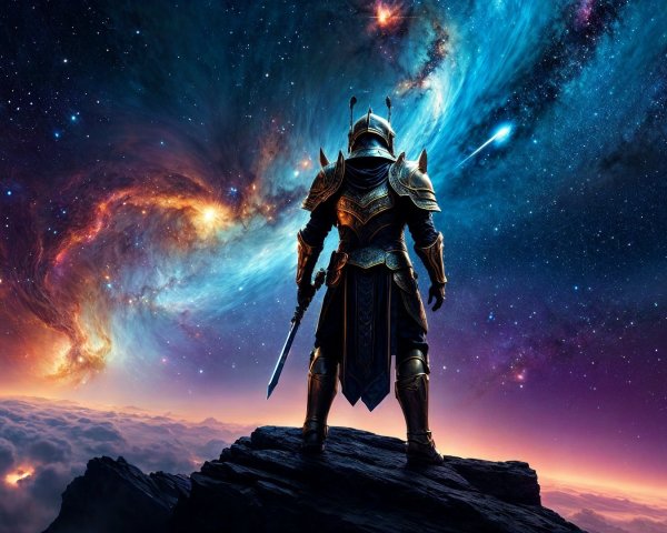 Knight in Armor Overlooking Cosmic Landscape
