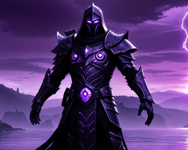 Mysterious Warrior in Purple-Hued Dramatic Landscape