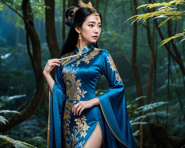 Elegant figure in blue gown among lush greenery