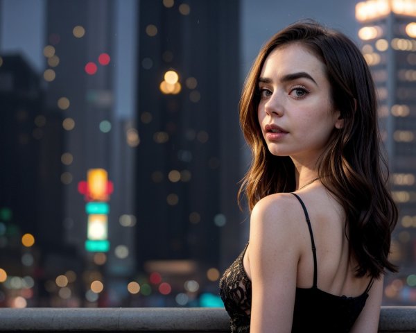 Young woman in black dress on city street at dusk