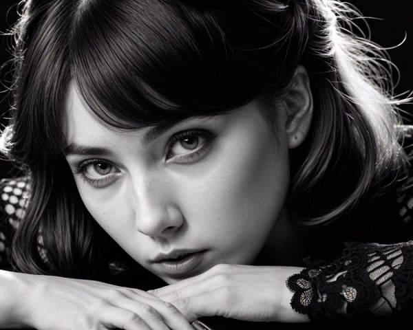 Close-up of a young woman with dramatic black-and-white contrast