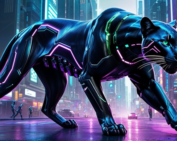 Futuristic Black Panther in Neon Urban Landscape