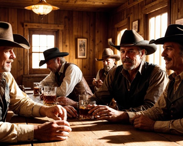 Cowboys in Rustic Saloon Engaged in Conversation