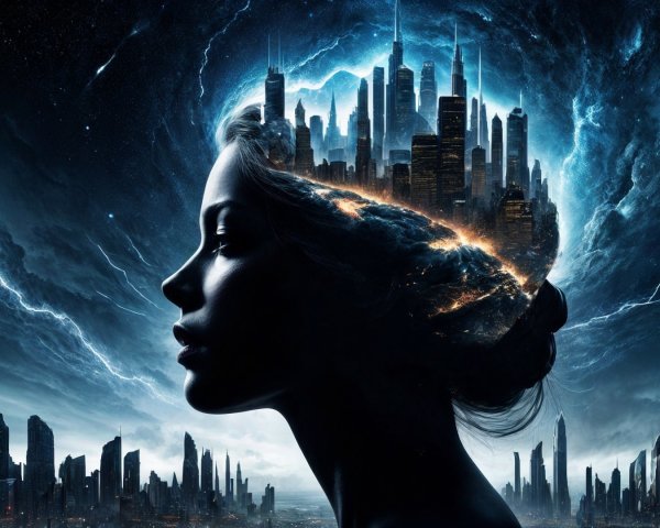 Silhouette of a Woman with Cosmic City Skyline