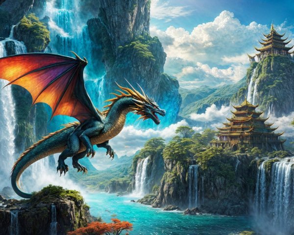 Majestic dragon in vibrant landscape with waterfalls and pagoda