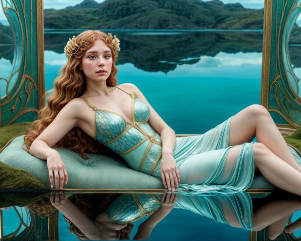 Young Woman in Blue Dress by Tranquil Water Scene
