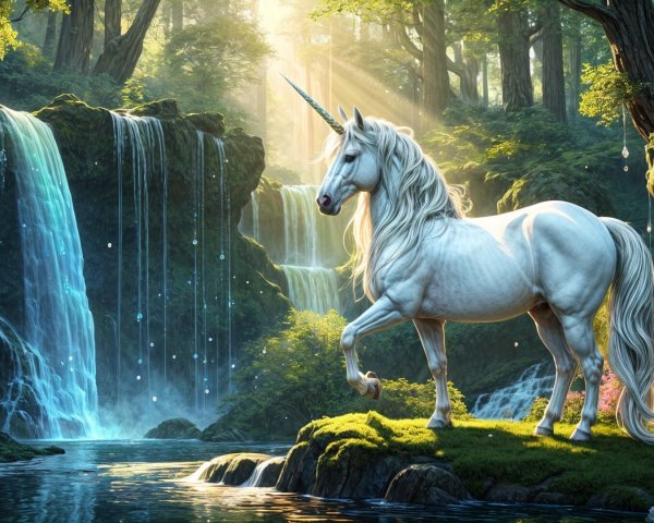 Unicorn by Waterfall in Enchanted Forest Scene