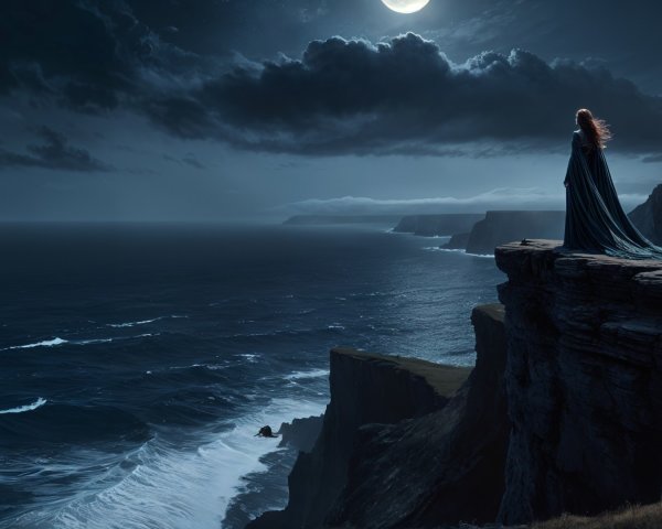 Solitary Figure on Cliff Overlooking Tumultuous Sea