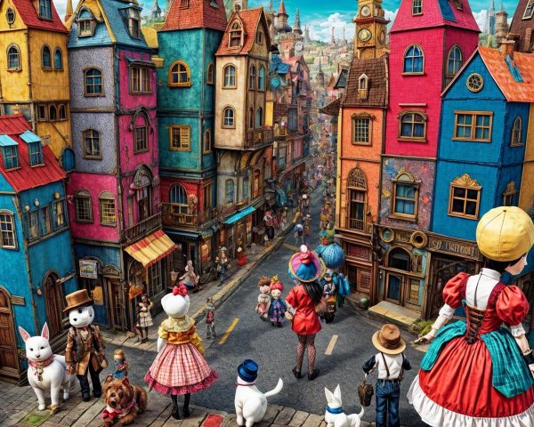 Colorful Village Scene with Unique Houses and Characters