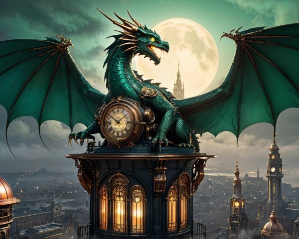 Majestic Green Dragon on Clock Tower Under Full Moon