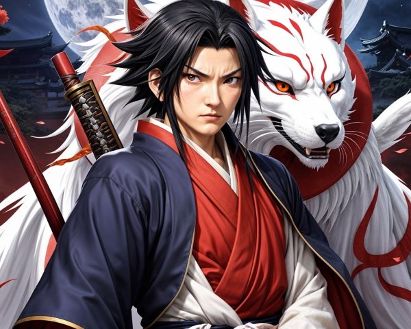 Fierce Samurai with White Wolf in Moonlit Landscape