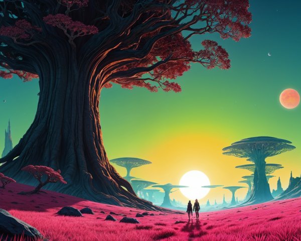 Surreal Landscape with Pink Trees and Glowing Sun