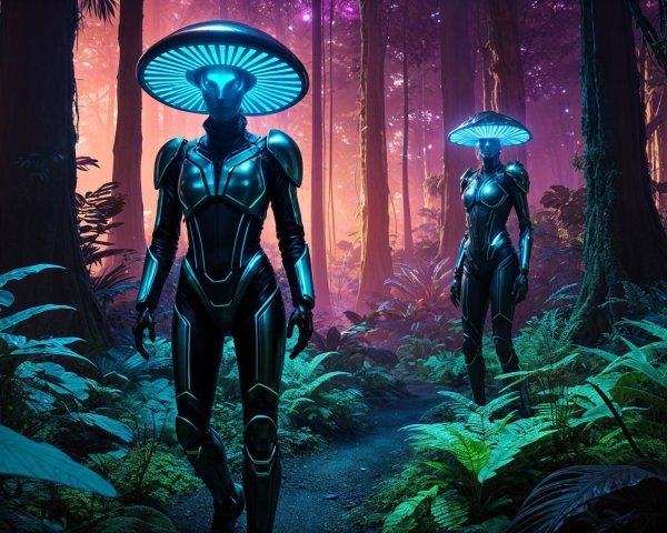 Futuristic Figures in a Vibrant Otherworldly Forest