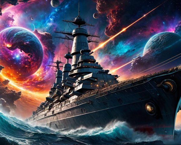 Majestic Battleship in Turbulent Cosmic Waters