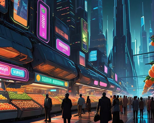 Cyberpunk Street Market with Neon Signs and Fruit Stall