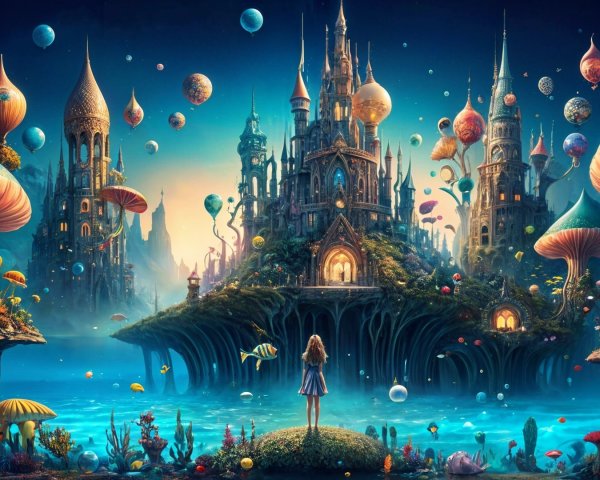 Whimsical Landscape with Castle and Hot Air Balloons