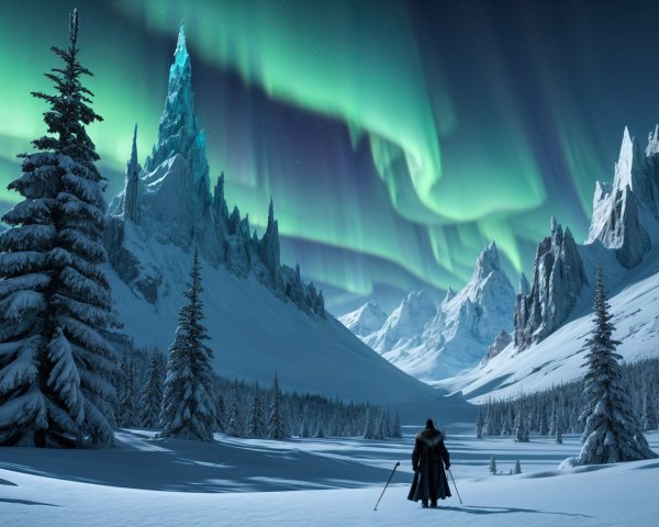 Lone Figure in Snowy Valley Under Northern Lights