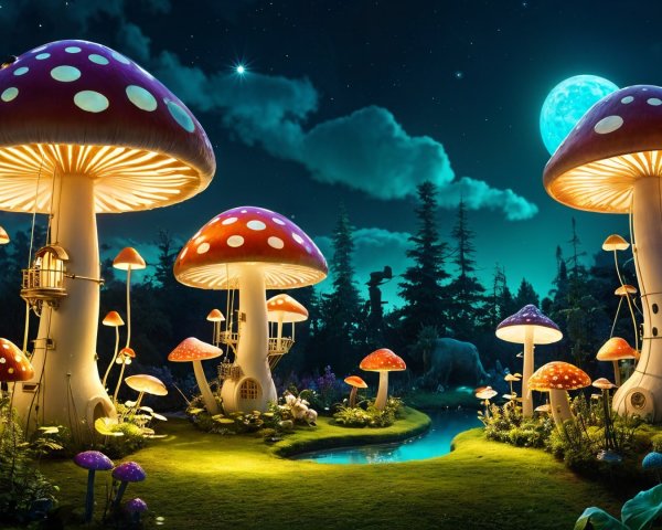 Whimsical Nighttime Scene with Colorful Mushrooms