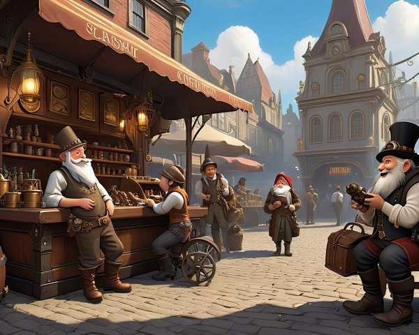 Steampunk Market Scene with Human Interactions and Stalls
