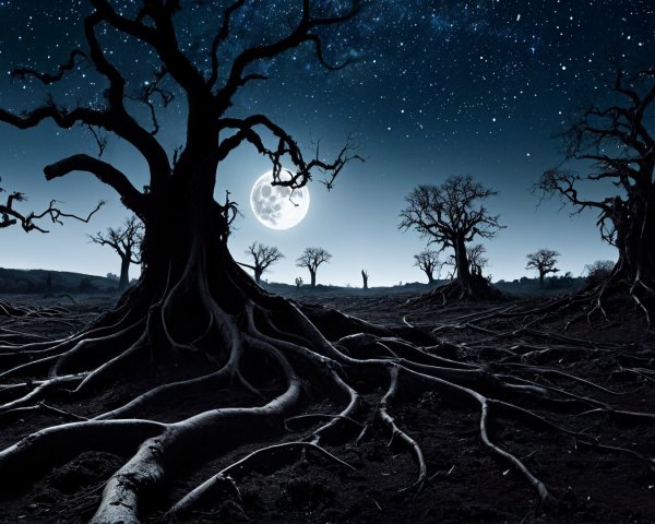 Haunting Landscape with Twisted Trees Under Moonlight
