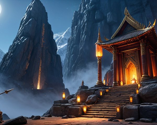 Majestic temple illuminated by mountains and moonlight