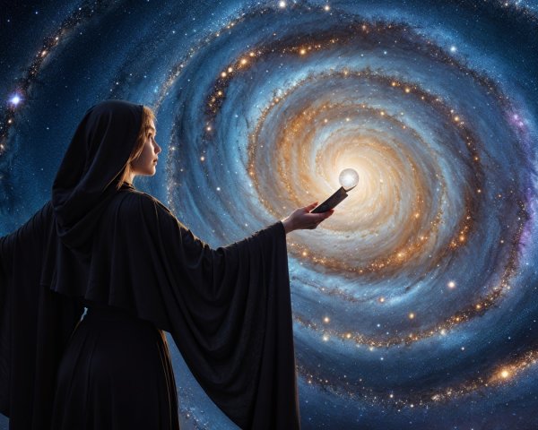 Figure in Black Robe Against Cosmic Galaxy Backdrop