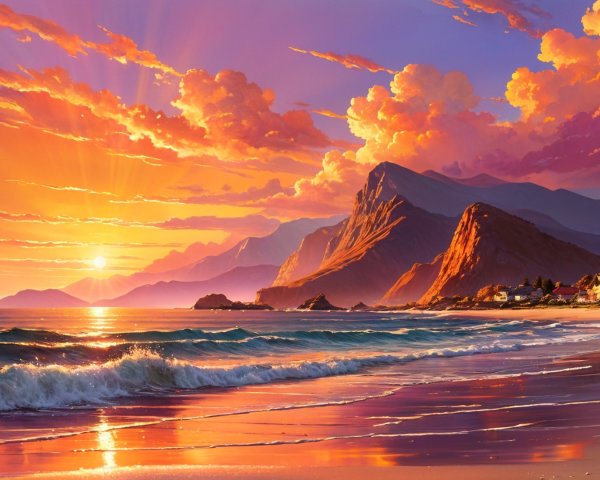 Seascape at Sunset with Mountains and Coastal Village